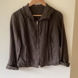 INIZIO OIZINI  Ladies Brown Ink Zip Linen Long Sleeve Jacket Made In Italy